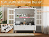 Minimalist White Buffet Cabinet with Double Glass Doors and Drawer, Modern Wooden Storage Sideboard W2557P189574