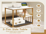 3-Tier Side Table with Marble Top & Gold Frame, Modern 23.5" End Table for Living Room Bedroom 07984256