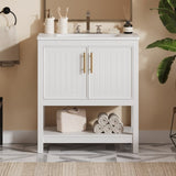 30-Inch White Bathroom Vanity with Ceramic Sink and Versatile Storage - Ideal for Small Bathrooms WF325888AAK