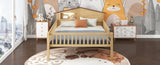 Full Size Wood Platform Bed with House-shaped Headboard, LED and Built-in Storage, Natural N709P184430M