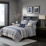 ZUN 6 Piece Reversible Jacquard Quilt Set with Throw Pillows Navy Full/Queen B03597589