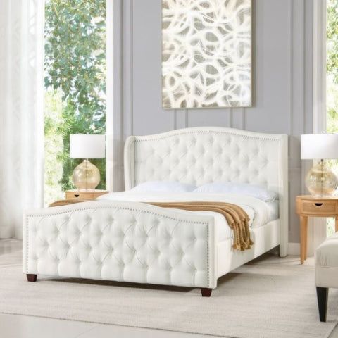 ZUN Fontana Wingback Upholstered Platform Bed Frame, Queen, Antique White Polyester B2719P245938