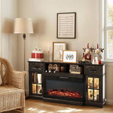 70-inch Black Gold Oak Electric Fireplace TV Stand - 2 Lattice Glass Doors, 2 Drawers & Shelf, 87298241