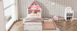 ZUN Twin Size House-Shaped Bed with Bookcase Headboard and Led Light and Twin Size Trundle for Kids Boys WF530847AAH