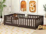Twin Size Floor Bed with Fence and Door,Rubber Wood Floor Bed with Safety Guardrails,Espresso W504P429279