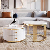 ZUN Modern 2 Pieces White Round Nesting Coffee Table with Drawers in 27.6'' 61260641