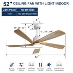 ZUN 52 Inch Indoor Ceiling Fan With Dimmable LED Light 5 Solid Wood Blades Remote Control Reversible DC W882P146360