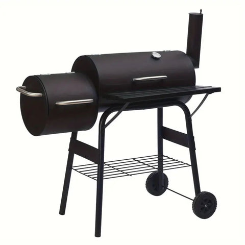 ZUN Charcoal Barbecue Grill with Offset Smoker, Metal Iron Barrel BBQ Trolley with Storage Shelves 97964244