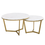 ZUN Modern Round Nesting Coffee Table Set 2-Piece White & Marbling Top Gold Base WF320651AAK