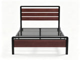 Twin Size Metal Wood Platform Bed Frame, 3-Panel Reddish Brown Wood Grain Headboard with LED Light & 40743771