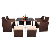 ZUN 9 Pieces Wood Grain PE Wicker Rattan Dining Ottoman with Tempered Glass Table Patio Furniture Set 19520971