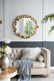 35" Round Metal Wall Mirror with Golden Leaf Accents, Modern Decor Mirror for Living Room Entryway W2078135190