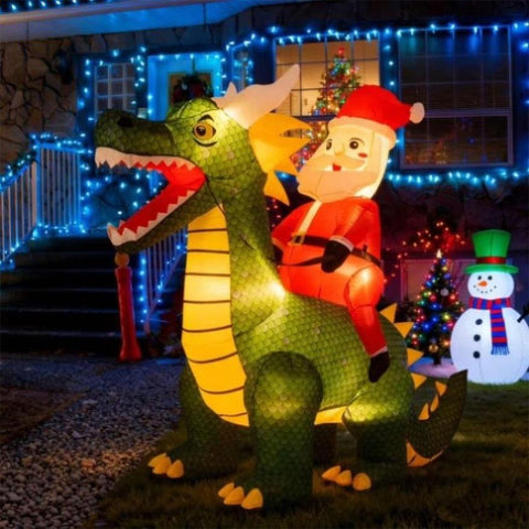 6.7ft Inflatable Santa Riding Dinosaur - 5 Bright LED Lights 210T Polyester Outdoor Xmas Decor 60814590