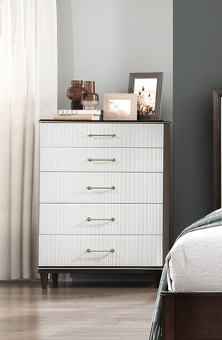 ZUN Glamorous White and Cherry Finish 1pc Chest of 6 Drawers Modern Bedroom Furniture with Gold Trim B011P183618