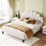 Queen Size Upholstered Platform Bed with Flower Pattern Velvet Headboard, Beige WF305291AAA