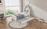 ZUN Twin Size House-Shaped Bed with Bookcase Headboard and Led Light and Twin Size Trundle for Kids Boys WF530847AAC