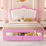 Full Size Upholstered Bed Frame with LED Lights, Modern Upholstered Princess Bed with Crown W2770P190367