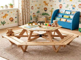 6-Seat Hexagonal Kids Picnic Table with Umbrella, Solid Fir Wood Outdoor Table & Bench Set for 81081668