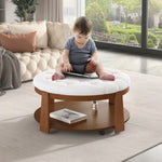 ZUN Modern Large Round Ottoman Coffee Table 2-Tier Oversized Button Tufted Ottoman with Wood Shelf N735P180224K