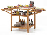 Acacia Wood Outdoor Grill Table with Drop Leaf, BBQ Prep Station with Faux Marble Resin Top 56831877