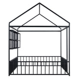 Full Size Metal Bed House Bed Frame with Fence and Shelves, Black N737P175361B