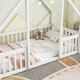 Twin Wood House-Shaped Floor Bed with Fence, Guardrails ,White W504P143290