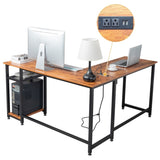 ZUN L-Shaped Desktop Computer Desk with Power Outlets & Shelf Tiger wood 19002762