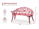 Outdoor Cast Aluminum Patio Bench, Porch Bench Chair with Curved Legs Rose Pattern, Red 57565215