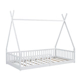 Twin Size Wood House Bed with Fence, White 28986741