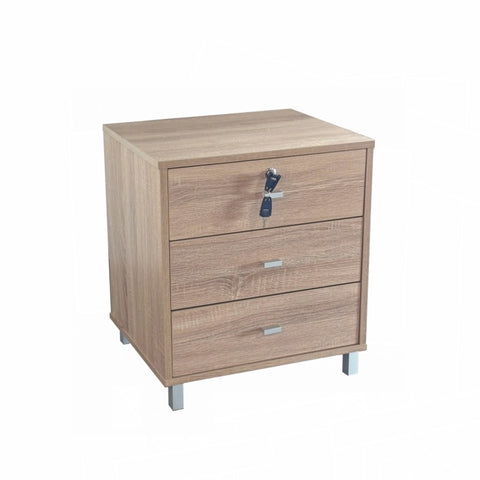 ZUN Natural wood color modern three drawer nightstand with locking top drawer B107P173434