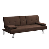 ZUN Sofa Bed with Armrest two holders WOOD FRAME, STAINLESS LEG, FUTON BROWN PVC W2297P164939