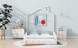 Full Size Metal House Platform Bed with Guardrail and Chimney, White N709P203153K