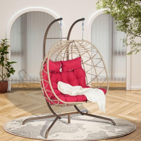 ZUN 2 Person Outdoor Rattan Hanging Chair Patio Wicker Egg Chair W874P146264