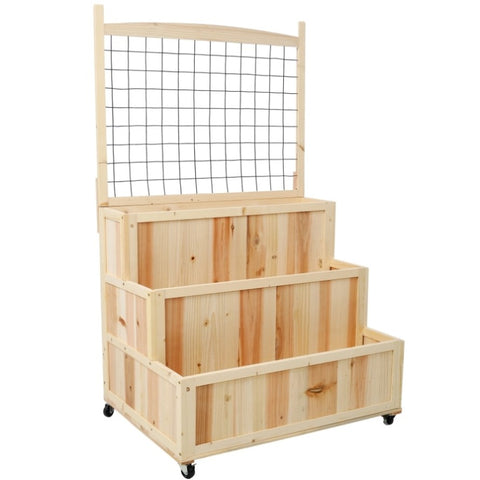 ZUN 3-Tiers Raised Garden Bed with Trellis, 53" H Vertical Planter Box with Wheels & Back Storage Area, W465P189518