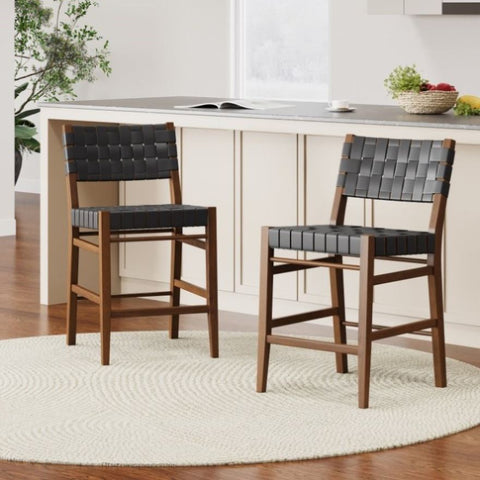 ZUN 24.25'' Classic Counter Stools Set of 2,Black PU Counter Stools with rubberwood Frame,Leather 74690.00BLK