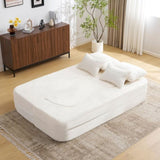 Queen Size Modern White Floor Sofa with 4 Pillows, Plush Fabric Futon Sofa Couch, High-Density Foam W3612P336073