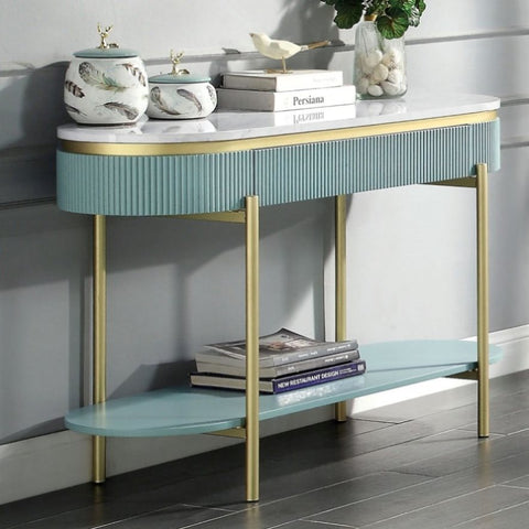 ZUN Glam Contemporary Light Teal 1pc Sofa Table White Faux Marble Top Living Room Side Table Open Bottom B011P184959