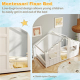 Twin-Size Kids House White Floor Bed- 82"x42"x51" Size, LED Light Strip for Cozy 73789275