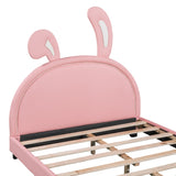 Full Size Upholstered Leather Platform Bed with Rabbit Ornament, Pink WF299139AAH