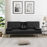 ZUN Sofa Bed with Armrest two holders WOOD FRAME, STAINLESS LEG, FUTON BLACK PVC W311124707