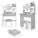 17" Round LED Mirror Vanity Table Soft Cushion Stool Suit, Large Mirror, Touch Switch, 3 colors, W3258P311347