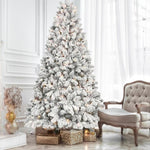 ZUN 7.5ft Snow-Flocked Artificial Christmas Tree with Pine Cones, Prelit Xmas Trees, Hinged Easy 68351185