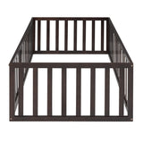 Twin Size Wood Floor Bed Frame with Fence and Door, Walnut WF299299AAL