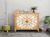 Rustic Wooden Accent Cabinet with Floral Carved Doors, 2 - Door Storage Cabinet for Living Room, W2295P365012