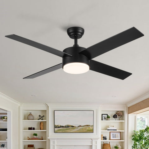 ZUN 52" Integrated LED Light Matte Black Blade Ceiling Fan with Remote Control with 4 blades W1367P228998