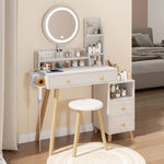 ZUN Round Mirror Bedside Cabinet Vanity Table + Cushioned Stool, With 2 AC Power + 2 USB socket, 17" 84198038