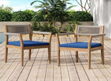 Braided Acacia Wood Outdoor Dining Chairs Set of 2 Teak Look with Beige Rope & Navy Cushions, N770P286668N