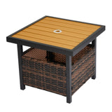 ZUN Outdoor Wicker Side Table with Umbrella Hole & Storage Space, Square PE Rattan End Table for Patio 23625637