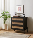 ZUN Rattan Storage Cabinet with 3 Large Drawers, Boho Mid-Century Wooden Nightstand Drawer Dresser, W1801P182002