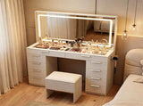 White Makeup Vanity Table with Touch Control 3-Color LED Lighted Mirror, Built-in Charging Station 2 59930352